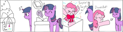 Size: 1156x303 | Tagged: safe, artist:阿丹a-d, derpibooru import, pinkie pie, twilight sparkle, unicorn twilight, earth pony, unicorn, g4, bowtie, christmas, christmas tree, comic, holiday, present, red bow, surprised, tree