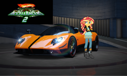 Size: 1154x692 | Tagged: safe, artist:sonicstreak5344, derpibooru import, sunset shimmer, equestria girls, g4, acceleracers, car, crossover, epic pose, female, hot wheels, hot wheels acceleracers, need for speed, pagani, pagani zonda cinque, photo, smiling, solo, supercar