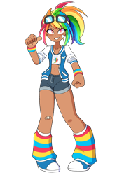 Size: 1600x2400 | Tagged: safe, artist:annazeee, derpibooru import, rainbow dash, human, g4, band-aid, belly, belly button, clothes, female, humanized, kotobukiya, kotobukiya rainbow dash, pointing at self, simple background, solo, transparent background