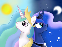 Size: 2592x1944 | Tagged: safe, artist:pikashoe90, derpibooru import, princess celestia, princess luna, alicorn, pony, g4, 2012, day, duo, duo female, female, moon, night, old art, royal sister, siblings, sisters, stars, sun