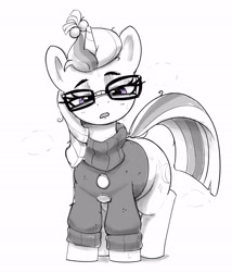 Size: 2758x3217 | Tagged: safe, artist:pabbley, derpibooru import, moondancer, pony, unicorn, g4, clothes, female, glasses, horn, monochrome, open mouth, simple background, sleepy, solo, squint, sweat, tired, white background