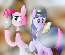 Size: 2600x2200 | Tagged: safe, artist:pikashoe90, derpibooru import, pinkie pie, twilight sparkle, unicorn twilight, unicorn, g4, mmmystery on the friendship express, 1880s, 1890s, 1900s, 19th century, 20th century, bowler hat, bubble pipe, deerstalker, detective, edwardian, female, hat, my little pony: friendship is magic, old art, pipe, sherlock holmes, sherlock pie, victorian, watson