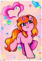 Size: 2169x3111 | Tagged: safe, artist:dariarchangel, derpibooru import, oc, oc only, oc:dazha, pony, unicorn, g4, adorable face, bipedal, blue eyes, blushing, c:, cute, cute face, cute smile, daaaaaaaaaaaw, female, female oc, glowing, glowing horn, hairband, happy, hnnng, horn, magic, magic aura, mare, mare oc, ocbetes, orange hair, orange mane, orange tail, passepartout, patterned background, pink coat, planet, pony oc, raised hoof, raised leg, small horn, smiling, solo, sparkles, standing, tail, traditional art, unicorn oc, weapons-grade cute