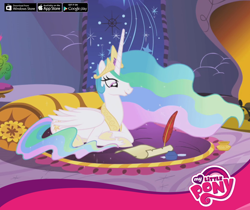 Size: 940x788 | Tagged: safe, derpibooru import, edit, edited screencap, screencap, princess celestia, alicorn, pony, g4, griffon the brush off, season 1, crown, dear princess celestia, female, gameloft, inkwell, jewelry, letter, mare, my little pony logo, my little pony: friendship is magic, official, princess celestia's bedroom, quill, regalia, royal, scroll, solo, wings, writing