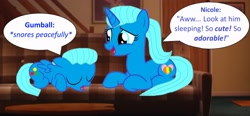 Size: 3388x1568 | Tagged: safe, artist:memeartboi, derpibooru import, pegasus, pony, unicorn, g4, beautiful, calm, colt, comfy, cute, cuteness overload, daaaaaaaaaaaw, duo, duo male and female, eyes closed, eyes open, female, foal, gumball watterson, heart, heart cutiemark, horn, indoors, little boy, living room, lying down, male, mare, mother, mother and child, mother and son, motherly, motherly love, nicole watterson, open mouth, open smile, parent and child, peaceful, pegasus wings, ponified, precious, sleeping, smiling, snore, snoring, sofa, species swap, speech bubble, spread wings, text, the amazing world of gumball, too cute, unicorn horn, wings