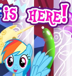 Size: 320x339 | Tagged: safe, derpibooru import, rainbow dash, pegasus, pony, g4, balloon, canterlot castle, canterlot castle interior, cropped, english, female, gameloft, indoors, looking at you, mare, meme, solo, statue, text, wings, wow! glimmer