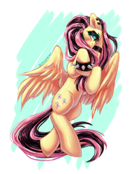 Size: 2000x2600 | Tagged: safe, artist:smilychi, derpibooru import, fluttershy, pegasus, pony, g4, blushing, digital art, emo, emoshy, fanart, female, hair over one eye, high res, lying down, mare, on side, partially open wings, smiling, solo, spiked wristband, wings, wristband