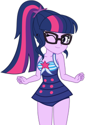 Size: 1351x1992 | Tagged: safe, artist:star-armour95, artist:yaya54320bases, derpibooru import, sci-twi, twilight sparkle, human, better together, equestria girls, forgotten friendship, g4, bare shoulders, bikini, breasts, busty sci-twi, clothes, cute, equestria girls specials, female, glasses, midriff, one eye closed, one-piece swimsuit, sci-twi swimsuit, simple background, sleeveless, smiling, solo, swimsuit, transparent background, twiabetes, vector, wink