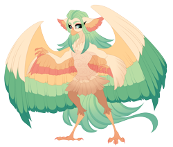 Size: 6600x5600 | Tagged: safe, artist:gigason, derpibooru import, oc, oc only, oc:minerva, anthro, bird, hybrid, g4, absurd resolution, adoptable, beak, big ears, claws, colored, colored claws, colored ear fluff, colored eyebrows, colored legs, colored wings, ear fluff, ears, eyelashes, female, female oc, flat colors, gradient hair, green hair, hybrid oc, interspecies offspring, large wings, leg fluff, long hair, looking back, magical lesbian spawn, multicolored wings, obtrusive watermark, offspring, ornithian, parent:captain celaeno, parent:fluttershy, partially open wings, raised arms, simple background, slit eyes, smiling, solo, standing, teal eyes, thick eyelashes, thin, three quarter view, transparent background, watermark, wings, yellow body