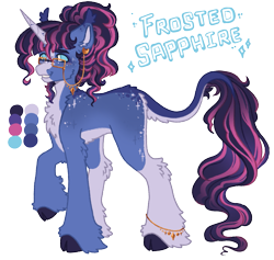 Size: 1057x1000 | Tagged: safe, artist:kazmuun, derpibooru import, oc, oc only, oc:frosted sapphire, pony, unicorn, g4, anklet, back fluff, blaze (coat marking), blue coat, blue eyes, blue tail, blush lines, blushing, character name, cheek fluff, chest fluff, cloven hooves, coat markings, color palette, colored, colored belly, colored eartips, colored eyebrows, colored hooves, colored lineart, colored pinnae, colored tail, commission, dorsal stripe, ear fluff, ear markings, ear piercing, ear tufts, earring, ears, eye markings, facial markings, feminine stallion, fetlock tuft, flat colors, fluffy, freckles, glasses, glasses chain, gradient mane, gradient tail, head turn, hock fluff, hooves, horn, jewelry, leg fluff, leg markings, leonine tail, long tail, looking back, male, male oc, name, next generation, no catchlights, no pupils, oc redesign, pale belly, parent:rarity, piercing, ponytail, purple hooves, purple mane, purple tail, raised hoof, raised leg, shoulder fluff, simple background, smiling, solo, sparkles, square glasses, stallion, stallion oc, standing, standing on three hooves, star freckles, striped mane, striped tail, tail, tail fluff, tall, thin, thin tail, three quarter view, transparent background, two toned mane, two toned tail, unicorn oc, wavy mane, wavy tail, white text