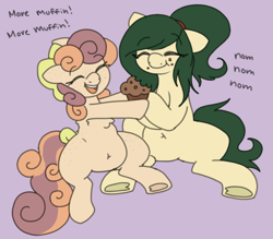 Size: 800x700 | Tagged: safe, artist:php193, derpibooru import, oc, oc only, oc:buttermuffin, oc:myrtle remedy, earth pony, pony, belly, belly button, chubby, cute, duo, duo female, eating, female, food, herbivore, muffin, wholesome