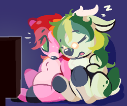 Size: 444x372 | Tagged: safe, artist:rhythmpixel, derpibooru import, oc, oc only, oc:plume fi, oc:rhythm fruit, deer, cute, deer oc, glasses, non-pony oc, ocbetes, pixel-crisp art, sitting, sleeping, television