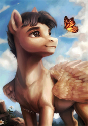 Size: 1392x2000 | Tagged: safe, artist:fantiimotaru, derpibooru import, oc, oc only, butterfly, pegasus, pony, male, outdoors, solo, stallion