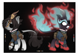 Size: 1280x878 | Tagged: safe, artist:shizow, derpibooru import, kirin, nirik, clothes, deviantart watermark, eyepatch, jumpsuit, obtrusive watermark, solo, vault suit, watermark