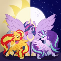 Size: 1000x1000 | Tagged: safe, artist:acidigon, derpibooru import, starlight glimmer, sunset shimmer, twilight sparkle, twilight sparkle (alicorn), alicorn, pony, g4, alicornified, jewelry, race swap, regalia, shimmercorn, starlicorn, trio