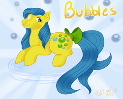 Size: 1021x827 | Tagged: safe, artist:splooto, derpibooru import, bubbles (g1), earth pony, pony, g1, blaze (coat marking), bow, bubble, coat markings, facial markings, female, lying down, mare, prone, signature, smiling, solo, tail, tail bow