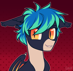 Size: 1500x1448 | Tagged: safe, artist:vensual99, derpibooru import, oc, oc only, bat pony, pony, abstract background, bat pony oc, bust, fangs, gradient background, icon, polka dot background, portrait, rcf community, red background, simple background, solo