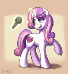 Size: 1537x1691 | Tagged: safe, artist:bkiltersot, derpibooru import, sweetie belle, pony, unicorn, g4, growing up is hard to do, eyes on the prize, female, glowing, glowing horn, horn, levitation, magic, mare, microphone, my little pony: friendship is magic, older, older sweetie belle, open mouth, open smile, raised hoof, raised leg, singing, smiling, solo, telekinesis