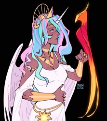 Size: 1897x2141 | Tagged: safe, artist:peachmichea, derpibooru import, philomena, princess celestia, human, phoenix, g4, black background, bracer, breasts, choker, cleavage, clothes, dark skin, dress, female, horn, horned humanization, humanized, jewelry, regalia, simple background, solo, winged humanization, wings