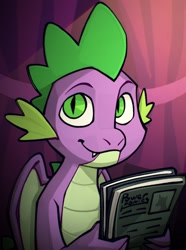 Size: 1040x1400 | Tagged: safe, artist:bunnyshrubby, derpibooru import, spike, oc, oc only, oc:spike, dragon, equestria at war mod, g4, book, bust, digital art, fangs, green eyes, holding a book, indoors, looking at you, looking to side, looking to the right, male, my little pony: friendship is magic, new characters for equestria at war, new characters for equestria at war mod, portrait, smiling, smiling at you, solo, updated portrait, updated portraits, updated portraits from the equestria at war mod, wings