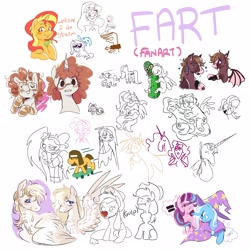 Size: 2500x2500 | Tagged: oc name needed, safe, artist:pink lemonade, artist:syrupyyy, derpibooru import, applejack, fluttershy, rainbow dash, starlight glimmer, sunset shimmer, trixie, oc, bat pony, earth pony, pegasus, pony, unicorn, collaboration, g4, apple, art dump, bat pony oc, black hooves, blaze (coat marking), blonde, blonde mane, blood, bloody mouth, blush lines, blushing, brown coat, brown mane, bust, cheek fluff, claws, coat markings, colored eartips, colored eyebrows, colored fetlocks, colored pinnae, colored pupils, colored sketch, colored wings, cream coat, crying, curly hair, curly mane, ear tufts, eating, equal sign, eye clipping through hair, eyebrows, eyebrows visible through hair, eyelashes, facial markings, fangs, feather, feather in hair, feathered wings, female, female oc, flutterdash, folded wings, food, freckles, furrowed brow, glasses, gradient legs, grin, hair accessory, hand, head turn, hooves together, horn, hug, implied sex, implied tribadism, lady amalthea, lesbian, lying down, mane accessory, mare, mare oc, no pupils, open mouth, open smile, orange mane, pegasus oc, pickle rick, profile, prone, pun, purple eyes, purple pupils, purple text, red coat, requested art, scissors, shipping, simple background, skateboard, sketch, smiling, spread wings, square glasses, startrix, that pony sure does love apples, the last unicorn, thought bubble, two toned wings, unicorn oc, visual pun, white background, wing claws, wings, yellow socks