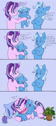 Size: 4274x9510 | Tagged: safe, artist:chub-wub, derpibooru import, phyllis, starlight glimmer, trixie, pony, unicorn, g4, ..., absurd resolution, bipedal, blushing, colored hooves, comic, crossed hooves, crush plush, cuddling, cup, dialogue, drink, duo, duo female, ears, eyelashes, eyes closed, eyes open, female, fetlock tuft, floppy ears, grammar error, grin, holding, hoof hold, hooves, horn, human shoulders, lesbian, lidded eyes, looking at each other, looking at someone, mare, mug, narrowed eyes, no pupils, open mouth, plant, plant pot, plushie, pony plushie, potted plant, purple hooves, shipping, smiling, smiling at someone, speech bubble, startrix, sweat, tail, talking, three quarter view, trixie plushie, two toned mane, two toned tail