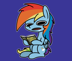 Size: 2047x1744 | Tagged: safe, artist:ewoudcponies, derpibooru import, rainbow dash, pegasus, pony, g4, blank stare, blue background, book, drool, female, hoof hold, mare, open mouth, outline, simple background, sitting, solo, white outline