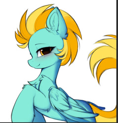 Size: 849x887 | Tagged: safe, artist:lerk, derpibooru import, lightning dust, pegasus, pony, g4, blushing, chest fluff, cute, dustabetes, ear fluff, ears, female, folded wings, looking at you, mare, profile, raised hoof, raised leg, side view, simple background, smiling, smiling at you, solo, white background, wings