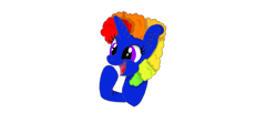 Size: 2259x1080 | Tagged: safe, artist:visserex52, derpibooru import, oc, oc only, oc:snickerdoodles, unicorn, equestria at war mod, big smile, blue coat, horn, laughing, multicolored hair, pfp, rainbow hair, simple background, solo, transparent background