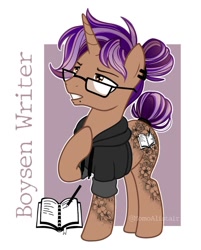 Size: 1061x1321 | Tagged: safe, artist:momoalistair, derpibooru import, oc, oc only, oc:boysen winter, oc:boysen writer, pony, unicorn, abstract background, clothes, ear piercing, earring, glasses, hoodie, horn, jewelry, lip piercing, male, passepartout, piercing, reference sheet, snake bites, solo, stallion