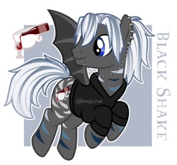 Size: 1320x1230 | Tagged: safe, artist:momoalistair, derpibooru import, oc, oc only, oc:black shake, bat pony, pony, clothes, ear piercing, earring, hoodie, jewelry, lip piercing, male, passepartout, piercing, reference sheet, solo, spread wings, stallion, wings