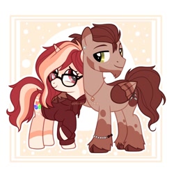 Size: 2000x2000 | Tagged: safe, artist:momoalistair, derpibooru import, oc, oc only, oc:puffy gloss, oc:wire sound, pegasus, pony, unicorn, clothes, cloven hooves, duo, ear piercing, earring, facial hair, female, glasses, hoodie, horn, jewelry, male, mare, necklace, passepartout, piercing, stallion, unshorn fetlocks