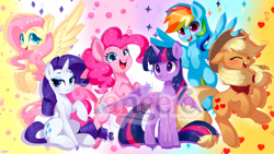 Size: 2000x1125 | Tagged: safe, artist:yangere, derpibooru import, applejack, fluttershy, pinkie pie, rainbow dash, rarity, twilight sparkle, twilight sparkle (alicorn), alicorn, earth pony, pegasus, unicorn, g4, female, horn, mane six, signature, wallpaper, watermark