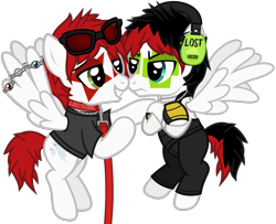 Size: 1738x1412 | Tagged: safe, artist:lightningbolt, derpibooru exclusive, derpibooru import, pegasus, pony, .svg available, angry, awsten knight, clothes, collar, crossed hooves, duo, dyed mane, dyed tail, earmuffs, feather ring, fingerless gloves, flying, frown, gloves, grin, heterochromia, jewelry, leash, lidded eyes, long sleeves, looking at each other, looking at someone, makeup, male, necklace, overalls, ponified, ring, self paradox, self ponidox, shirt, show accurate, simple background, smiling, soulsucker, species swap, spread wings, st*rfucker, stallion, sunglasses, sunglasses on head, svg, t-shirt, tail, transparent background, undershirt, vector, waterparks, wing ring, wings