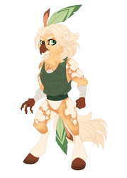 Size: 4500x6300 | Tagged: safe, artist:gigason, derpibooru import, oc, oc only, oc:ginger gold, anthro, bird, hybrid, g4, absurd resolution, adoptable, arm wraps, beak, blonde, blonde hair, blonde tail, body markings, brown body, brown feathers, brown fur, brown hooves, cheek fluff, claws, clenched fist, clothes, coat markings, colored, colored arms, colored belly, colored claws, colored hooves, colored pinnae, eye markings, facial markings, female, female oc, flat colors, freckles, frown, gradient hooves, green eyes, hooves, hybrid oc, hybrid tail, interspecies offspring, leg markings, looking back, magical lesbian spawn, masculine, narrowed eyes, obtrusive watermark, offspring, open beak, open frown, open mouth, ornithian, pale belly, parent:applejack, parent:captain celaeno, shaggy hair, shirt, simple background, smiling, socks (coat marking), solo, standing, tail, tail feathers, thick eyebrows, three quarter view, transparent background, tunic, watermark