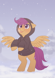 Size: 1121x1581 | Tagged: safe, artist:higglytownhero, derpibooru import, scootaloo, pegasus, pony, g4, :p, bipedal, blushing, clothes, cold, cute, cutealoo, eye clipping through hair, female, filly, foal, hoodie, looking up, mare, raised hooves, snow, snowfall, solo, spread wings, tongue, tongue out, tree, wings