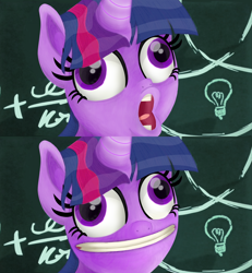 Size: 1846x1996 | Tagged: safe, artist:pinkiepiehole, derpibooru import, twilight sparkle, twilight sparkle (alicorn), alicorn, pony, unicorn, g4, bust, chalkboard, faic, female, horn, mare, portrait, pudding face, scene interpretation, solo