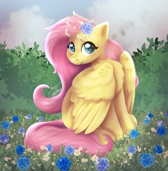 Size: 3075x3120 | Tagged: safe, artist:tigermcheh, derpibooru import, fluttershy, pegasus, pony, g4, female, flower, flower in hair, head turn, high res, mare, meadow, outdoors, shy, sitting, solo