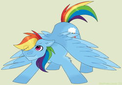 Size: 973x682 | Tagged: safe, artist:griffincloud, derpibooru import, rainbow dash, pegasus, pony, g4, ass up, eye clipping through hair, face down ass up, female, hair over one eye, mare, simple background, smiling, solo, spread wings, wings