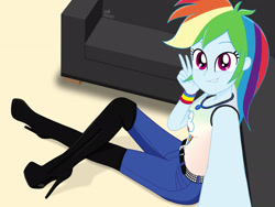 Size: 1920x1440 | Tagged: safe, artist:gibsterboy5, derpibooru import, rainbow dash, human, equestria girls, g4, belt, belt buckle, black shoes, blue pants, boots, breasts, clothes, complex background, cute, cutie mark on clothes, dashabetes, denim, female, feminism, geode of super speed, hero dash, high heel boots, high heels, indoors, jeans, jewelry, leather, leather boots, lip bite, looking at you, magical geodes, multicolored hair, necklace, overknee boots, pants, peace sign, platform boots, platform heels, platform shoes, rainbow dash always dresses in style, rainbow dash is best facemaker, rainbow dash is best human, rainbow hair, rainbow sass, selfie, sexy, shoes, signature, sitting, smiling, smiling at you, sofa, solo, studded belt, stupid sexy rainbow dash, tanktop, thigh boots, vector background, warrior dash, wristband