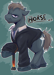 Size: 2672x3696 | Tagged: safe, artist:witchtaunter, derpibooru import, pony, angry, cane, clothes, commission, gregory house, male, ponified, species swap, stallion