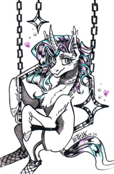 Size: 1326x2005 | Tagged: safe, artist:hotnik, derpibooru import, oc, oc only, oc:synthie glitch, bat pony, hybrid, unicorn, bat pony oc, bat pony unicorn, black and white, chains, chest fluff, choker, clothes, cute, cute little fangs, ear piercing, ear tufts, earring, fangs, female, fishnet clothing, fishnet stockings, garters, grayscale, horn, jewelry, mare, monochrome, multicolored mane, multicolored tail, partial color, piercing, solo, stockings, swinging, tail, tail wrap, thigh highs, traditional art, unicorn oc