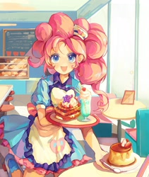 Size: 2160x2561 | Tagged: safe, artist:shansewanzi, derpibooru import, pinkie pie, human, g4, apron, bakery, cafe, cherry, clothes, dress, drink, food, frilly, frilly dress, humanized, indoors, looking at you, offscreen character, plate, pov, pudding, solo focus, spoon, strawberry, table, tray, uniform, waffle, whipped cream, window