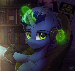 Size: 1642x1550 | Tagged: safe, artist:radioaxi, derpibooru import, oc, oc only, pony, unicorn, chair, chest fluff, commission, controller, gaming chair, glowing, glowing horn, horn, looking at you, magic, office chair, sitting, solo