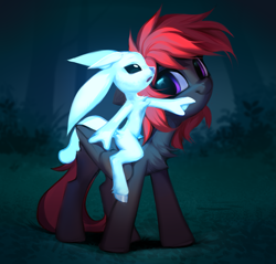 Size: 1785x1704 | Tagged: oc name needed, safe, artist:vensual99, derpibooru import, oc, pegasus, pony, forest, gray coat, looking at someone, looking back, nature, night, ori, ori and the blind forest, pointing, red mane, riding, riding a pony, tree