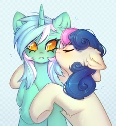 Size: 1192x1297 | Tagged: safe, artist:arisuyukita, derpibooru import, bon bon, lyra heartstrings, sweetie drops, earth pony, pony, unicorn, g4, abstract background, adorabon, colored pupils, cute, duo, female, horn, hug, kiss on the cheek, kissing, lesbian, lyrabetes, lyrabon, nuzzling, shipping