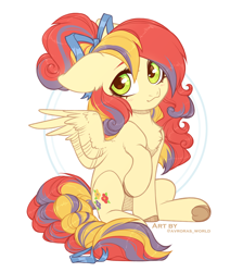 Size: 3400x3800 | Tagged: safe, artist:avrora_verner, artist:avroras_world, derpibooru import, oc, oc only, pegasus, pony, bow, chest fluff, ears, female, filly, floppy ears, foal, hair bow, high res, raised hoof, raised leg, simple background, sitting, solo, tail, tail bow, underhoof, unshorn fetlocks, white background, wings