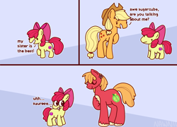 Size: 2466x1779 | Tagged: safe, artist:nawnii, derpibooru import, apple bloom, applejack, big macintosh, earth pony, pony, g4, :v, apple siblings, apple sisters, bow, brother, brother and sister, comic, dialogue, female, filly, flower, flower in hair, foal, hair bow, male, mare, missing accessory, misspelling, orchard blossom, siblings, simple background, sisters, smiling, stallion, the cmc's cutie marks, trans big macintosh, trans female, transgender, trio