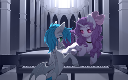 Size: 4000x2500 | Tagged: safe, artist:avroras_world, derpibooru import, oc, oc only, bat pony, pony, unicorn, bat wings, bowtie, chest fluff, choker, duo, female, horn, indoors, mare, musical instrument, piano, wings