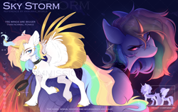 Size: 4900x3100 | Tagged: safe, artist:avrora_verner, artist:avroras_world, derpibooru import, oc, oc only, oc:sky storm, pony, bipedal, choker, colored wings, colored wingtips, commission, concave belly, curved horn, horn, male, multicolored hair, obtrusive watermark, rainbow hair, solo, spread wings, stallion, thin, unshorn fetlocks, watermark, wings